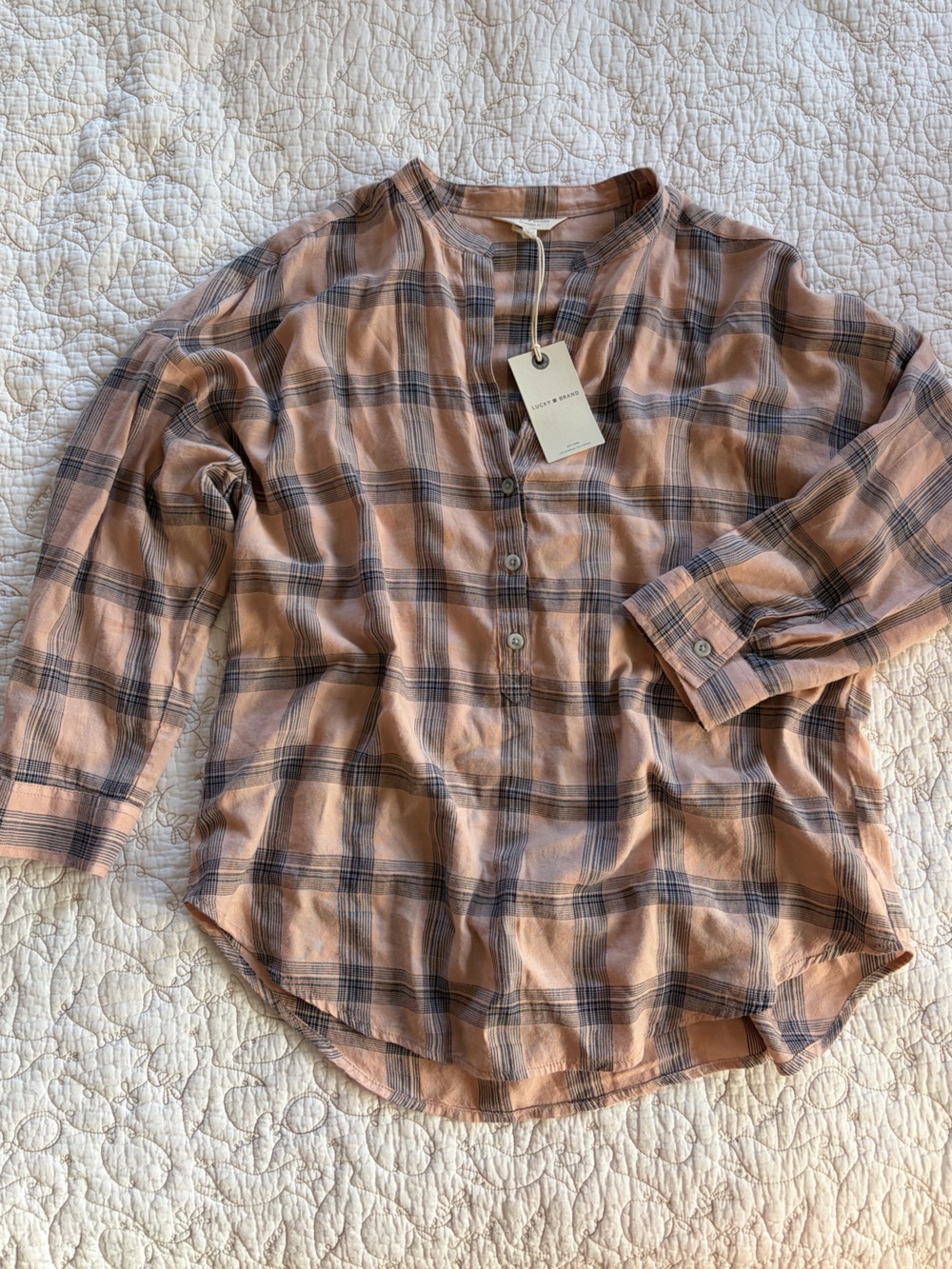 Lucky Brand Peach and Gray Plaid Button-Down Shirt